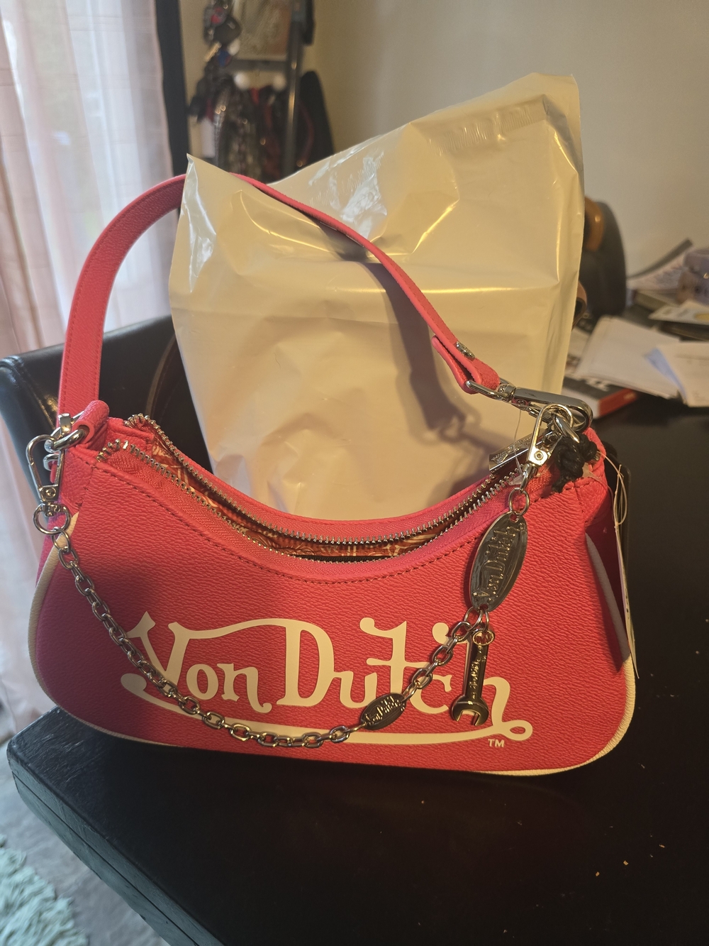 Von Dutch Hot Pink Logo Shoulder Bag with Chain Accent